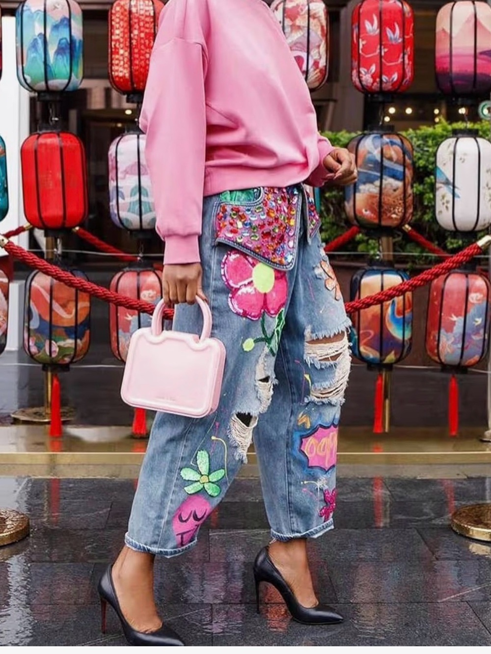 Pink Floral Embroidered Distressed Women’s Jeans